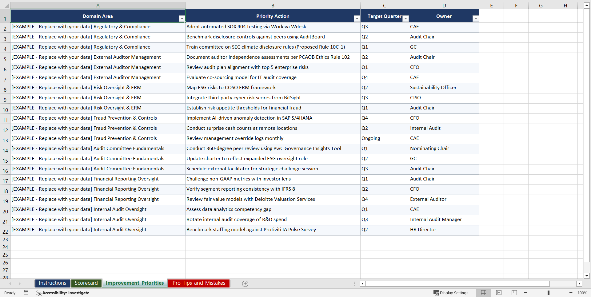 Audit Committee Effectiveness Playbook (Excel template (XLSX)) Preview Image