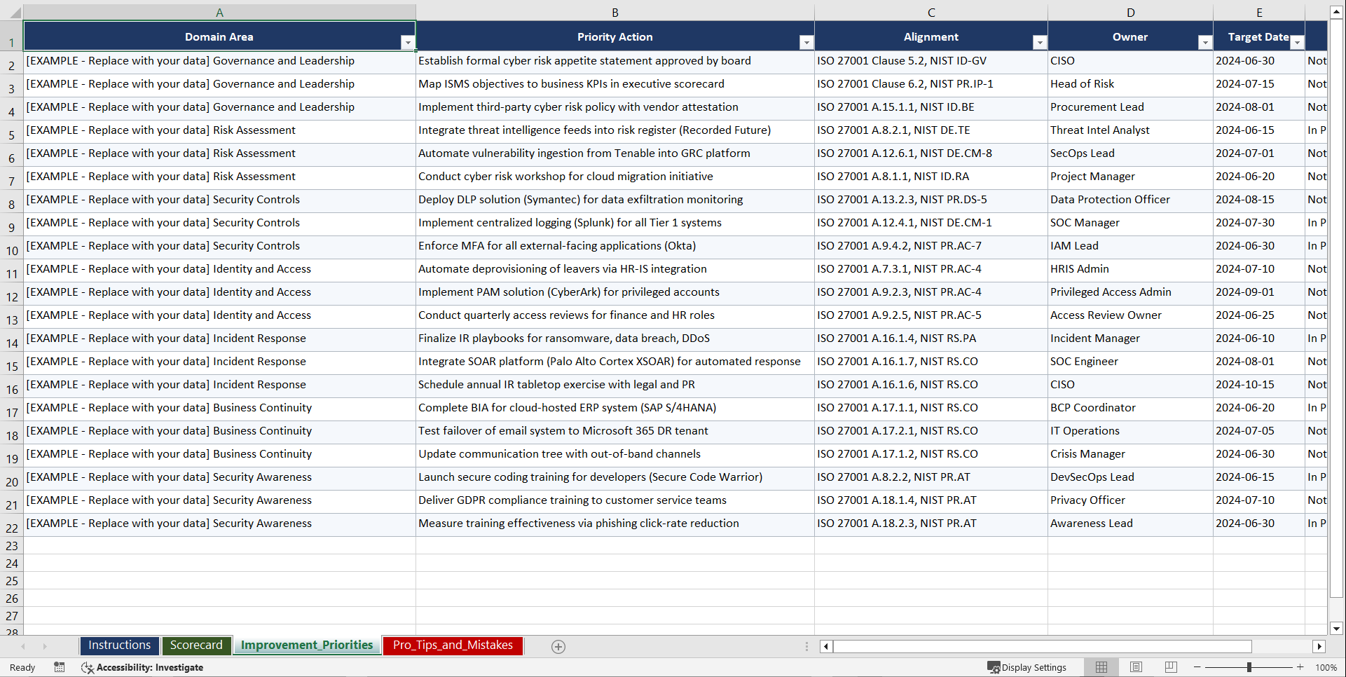 ISOIEC 27001 NIST Cyber Framework for Digital C Playbook (Excel template (XLSX)) Preview Image