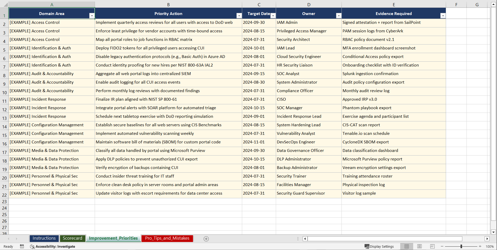 CMMC 20 Level 2 for DoD Manufacturing Web Portals Playbook (Excel template (XLSX)) Preview Image