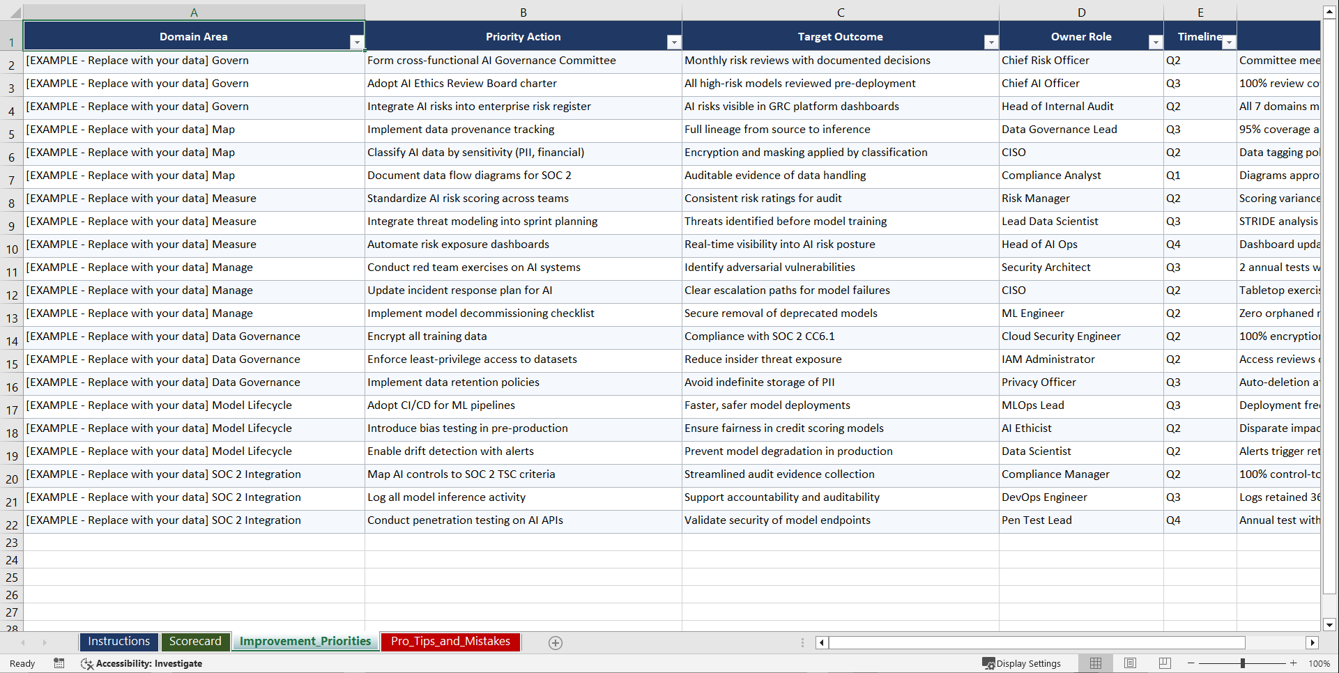 NIST AI RMF & SOC 2 for Financial Services AI Playbook (Excel template (XLSX)) Preview Image