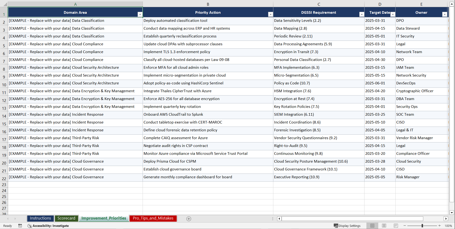 DGSSI Data Classification & Cloud Compliance Playbook (Excel template (XLSX)) Preview Image