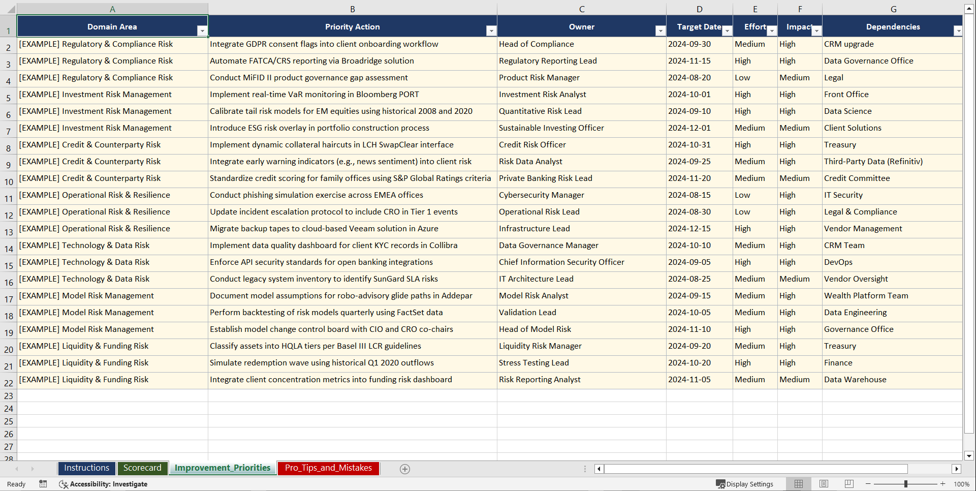 Wealth Management Risk Function Build-Out for Chief Risk Playbook (Excel template (XLSX)) Preview Image