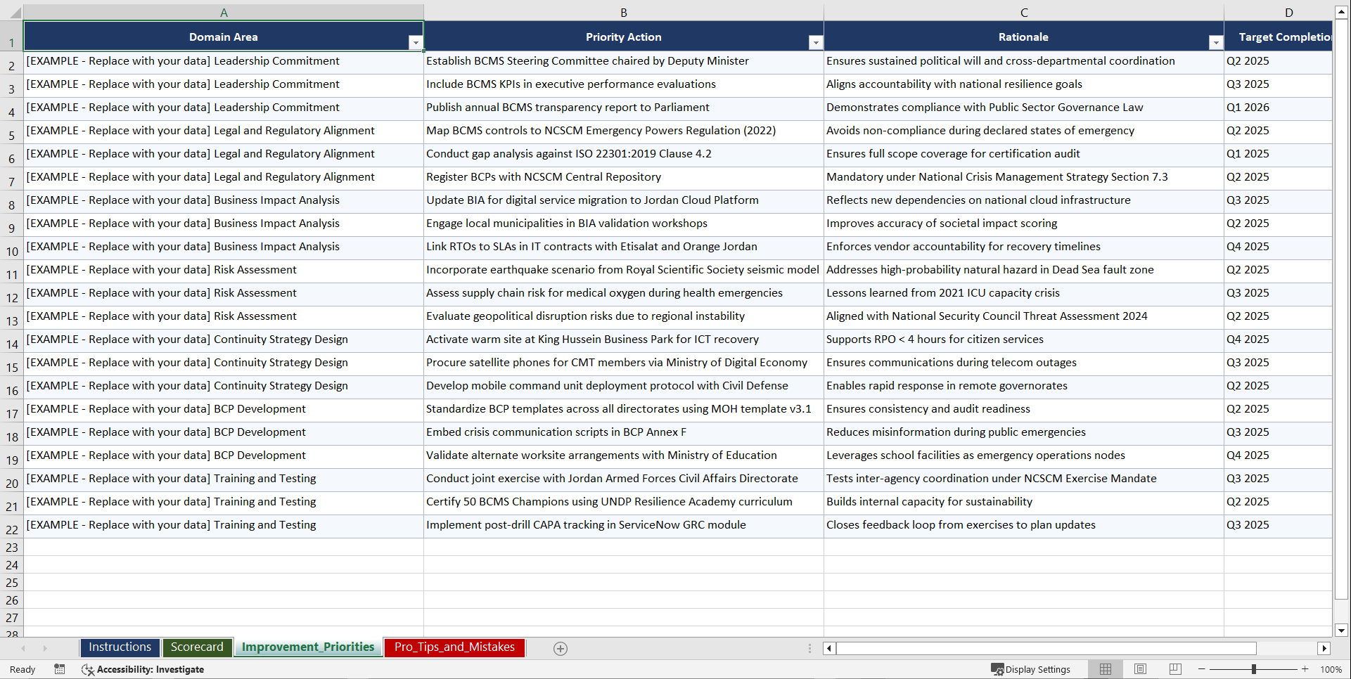 ISO 22301 for Government Entities in Jordan Playbook (Excel template (XLSX)) Preview Image