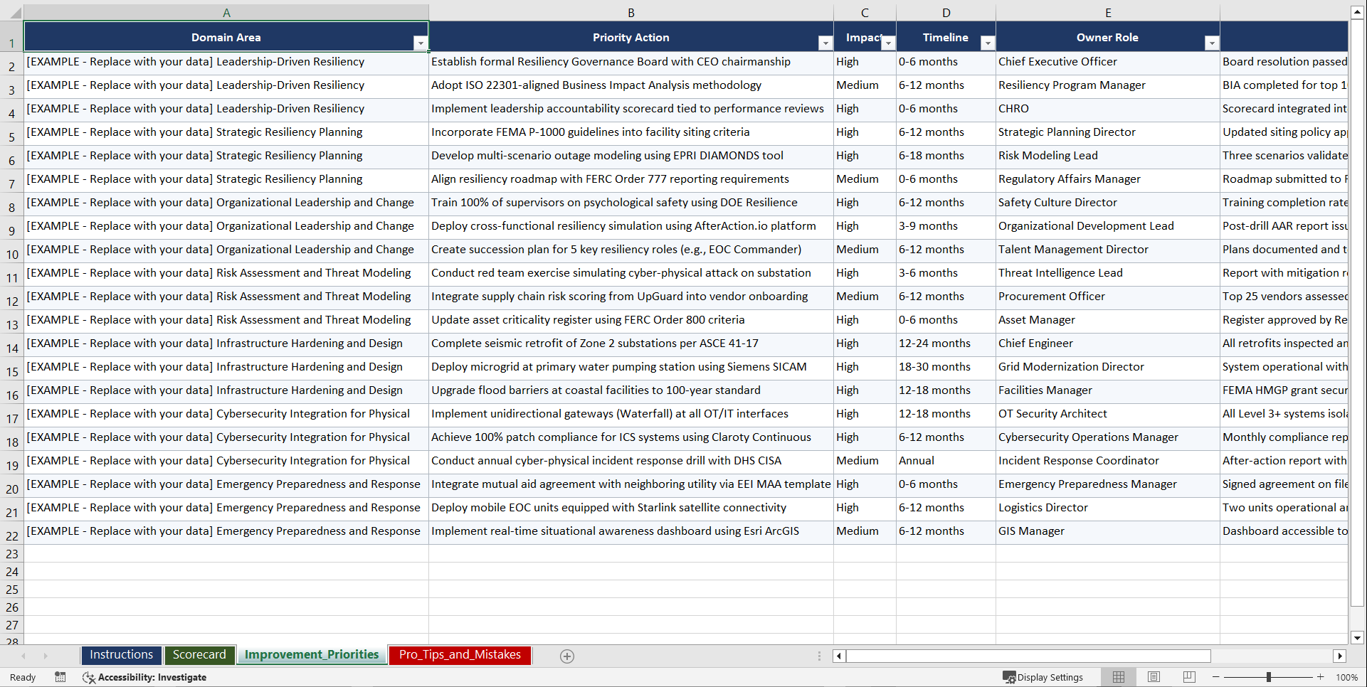 Leadership-Driven Resiliency for Utility & Playbook (Excel template (XLSX)) Preview Image