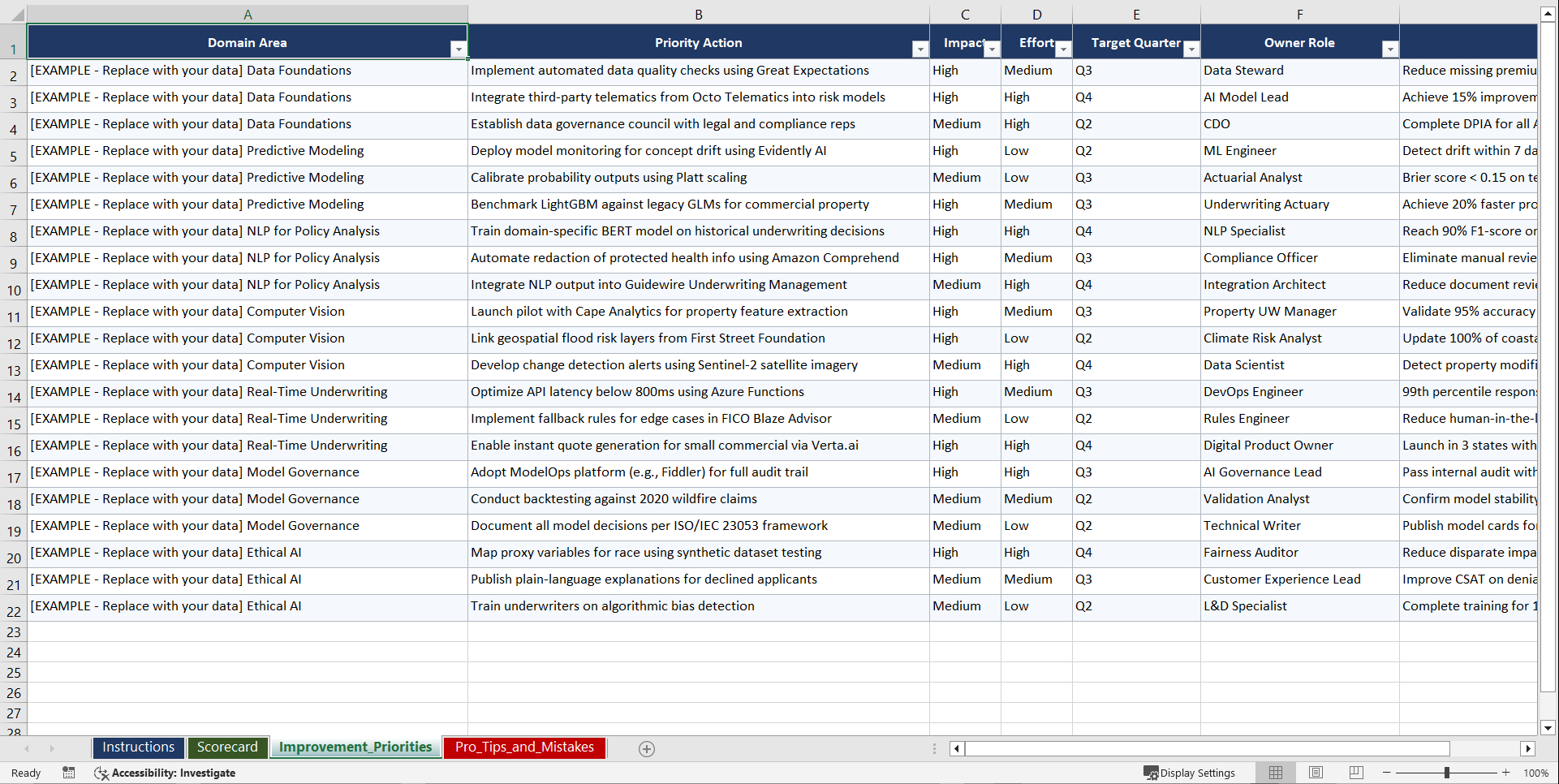 AI for Insurance Underwriting Playbook (Excel template (XLSX)) Preview Image