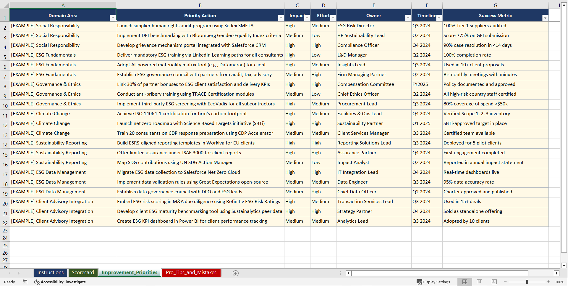 ESG Integration & Sustainability Reporting Playbook (Excel template (XLSX)) Preview Image