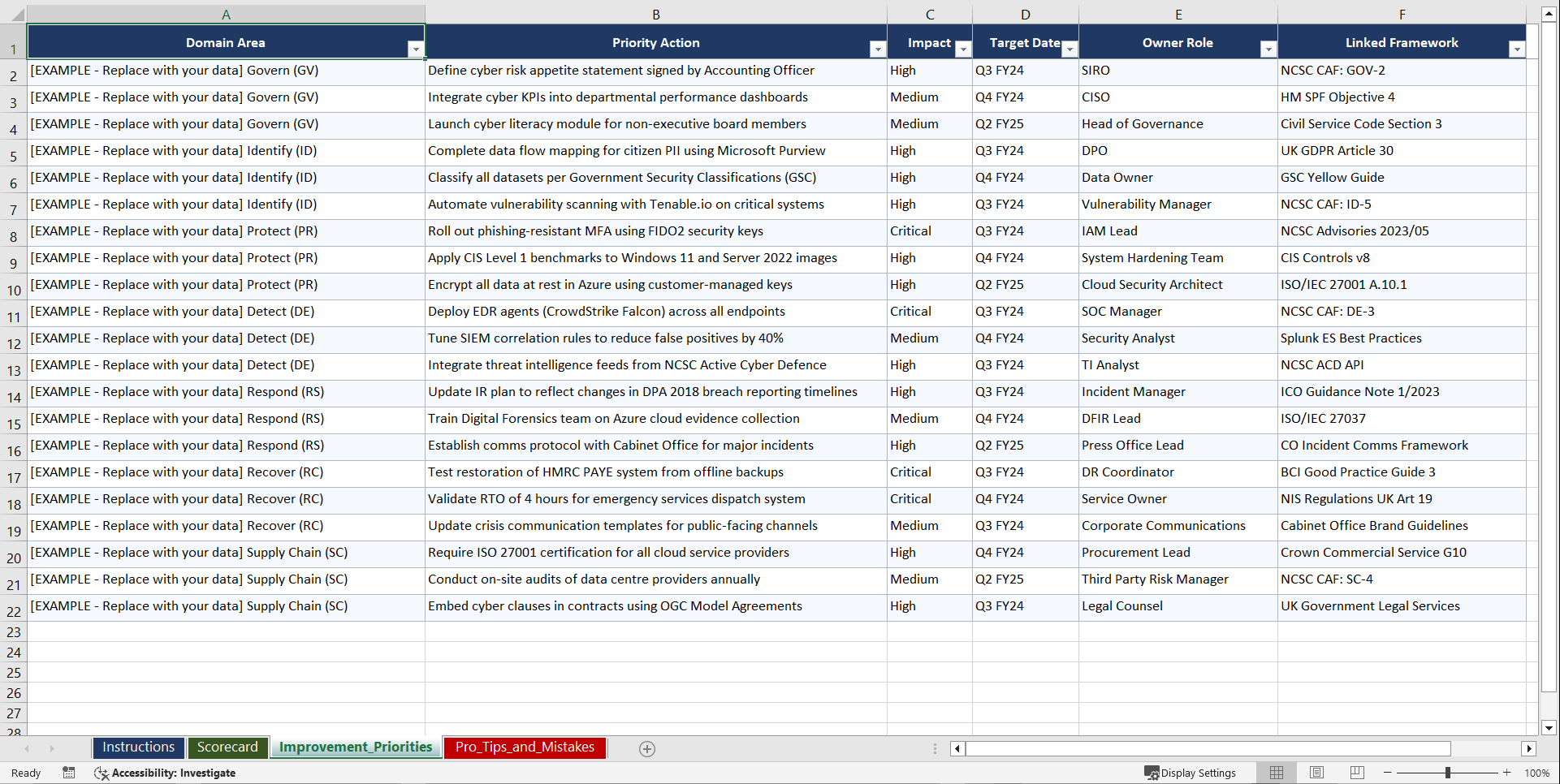 NIST Cyber Framework CSF 20 for UK Public Sector Playbook (Excel template (XLSX)) Preview Image
