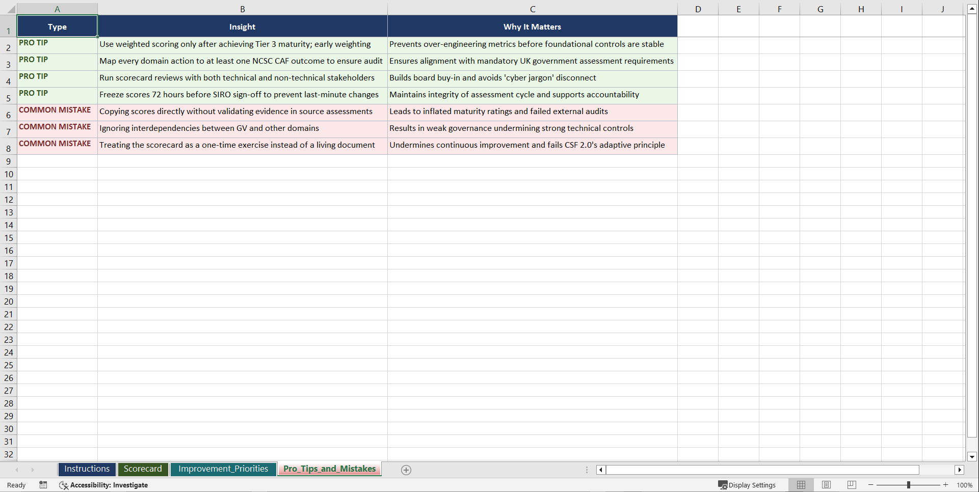 NIST Cyber Framework CSF 20 for UK Public Sector Playbook (Excel template (XLSX)) Preview Image