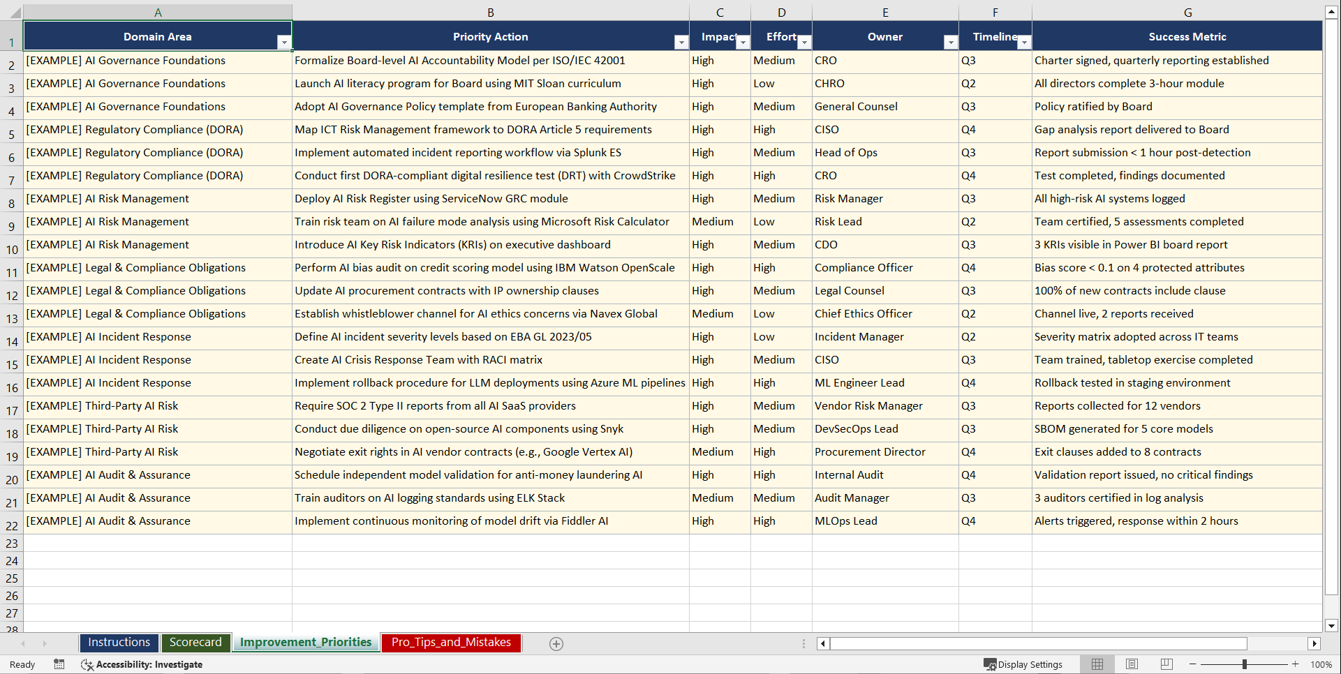 AI Governance & Risk Oversight for Corporate Playbook (Excel template (XLSX)) Preview Image