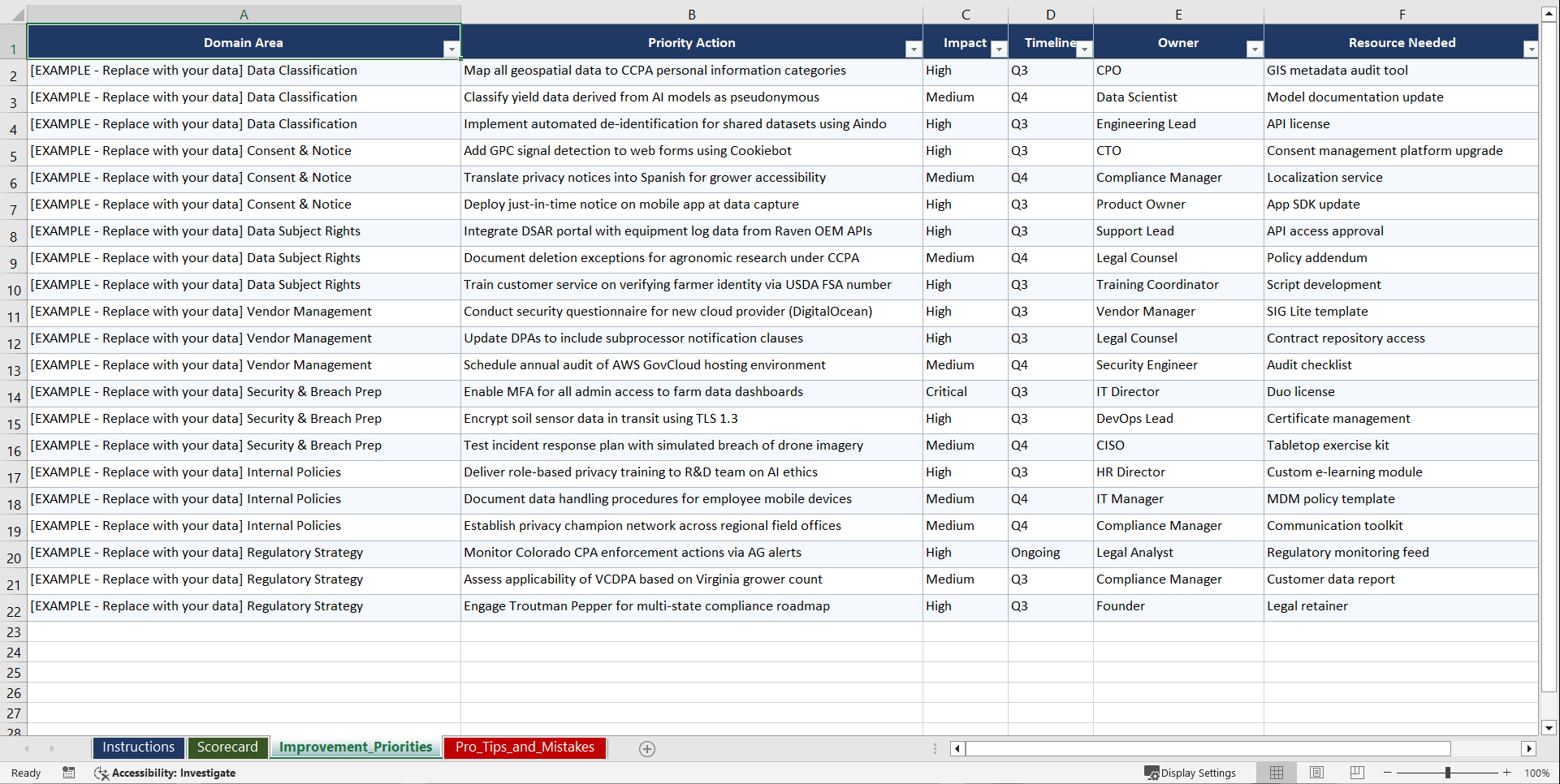 CCPA & Emerging Privacy Law Compliance for AgTech Playbook (Excel template (XLSX)) Preview Image