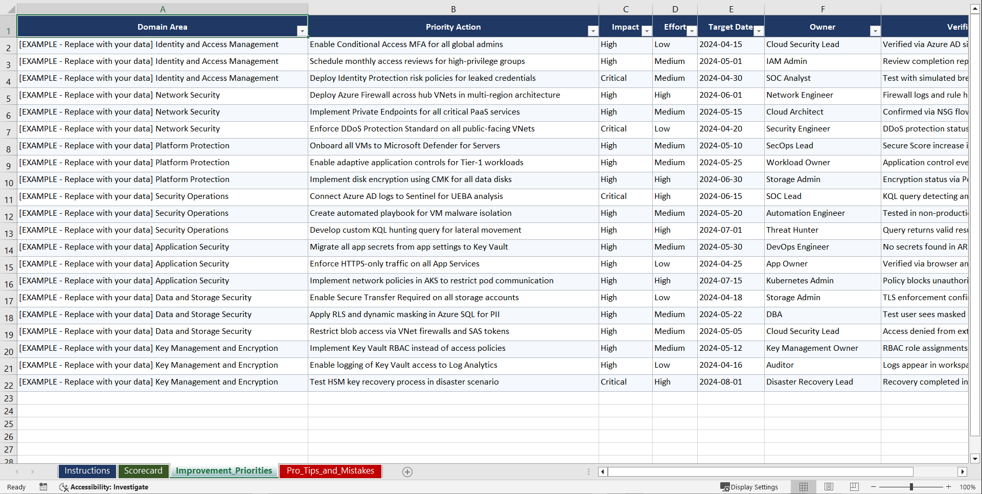Azure Security Engineer Certification Prep Playbook (Excel template (XLSX)) Preview Image