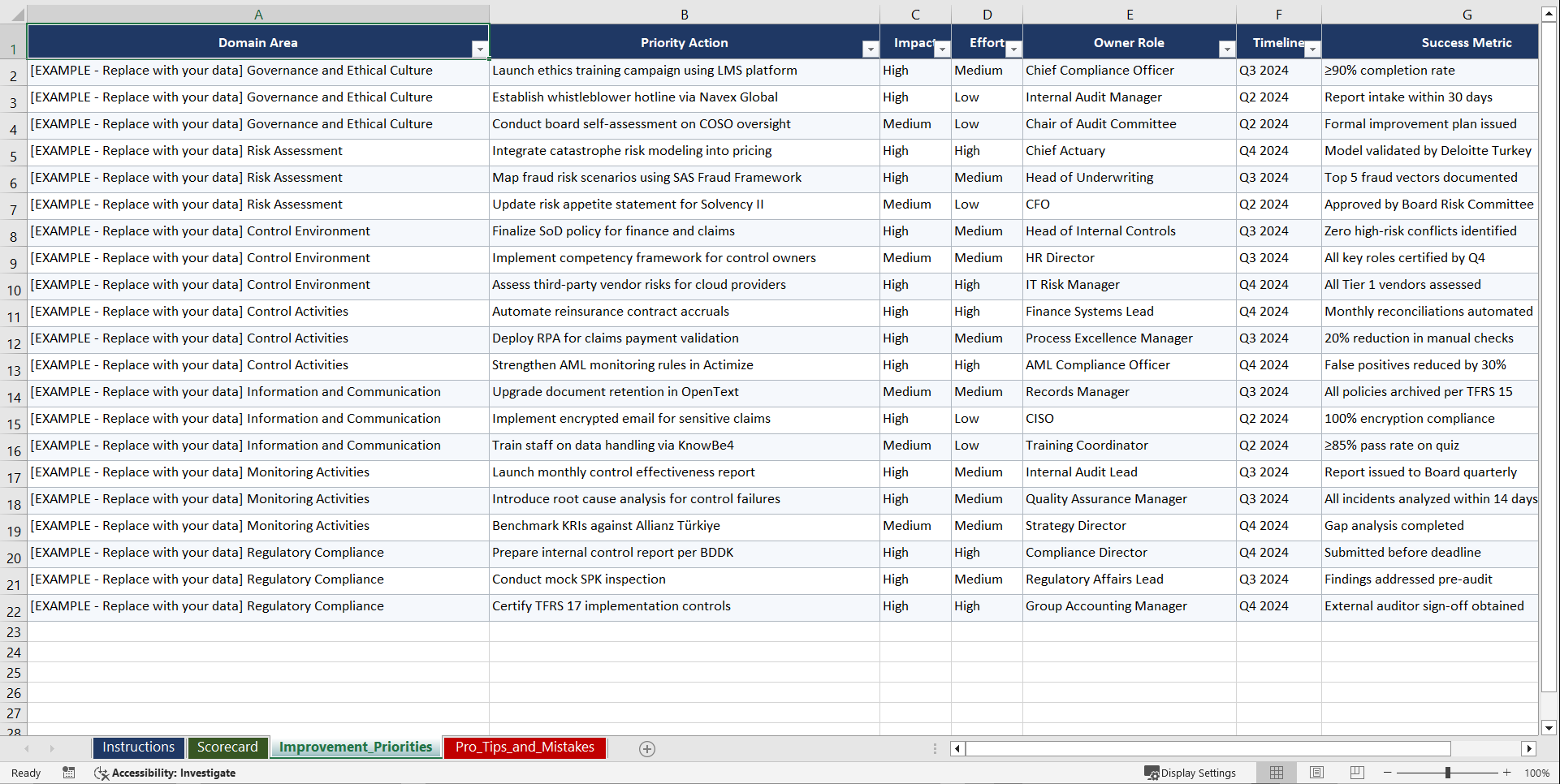 COSO Internal Control Framework for Turkish Playbook (Excel template (XLSX)) Preview Image