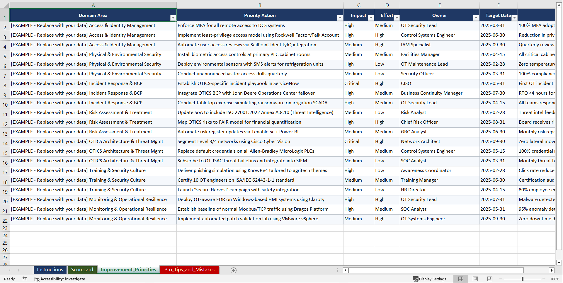 ISO 27001 & ISO 31000 for OTICS Environments in Playbook (Excel template (XLSX)) Preview Image