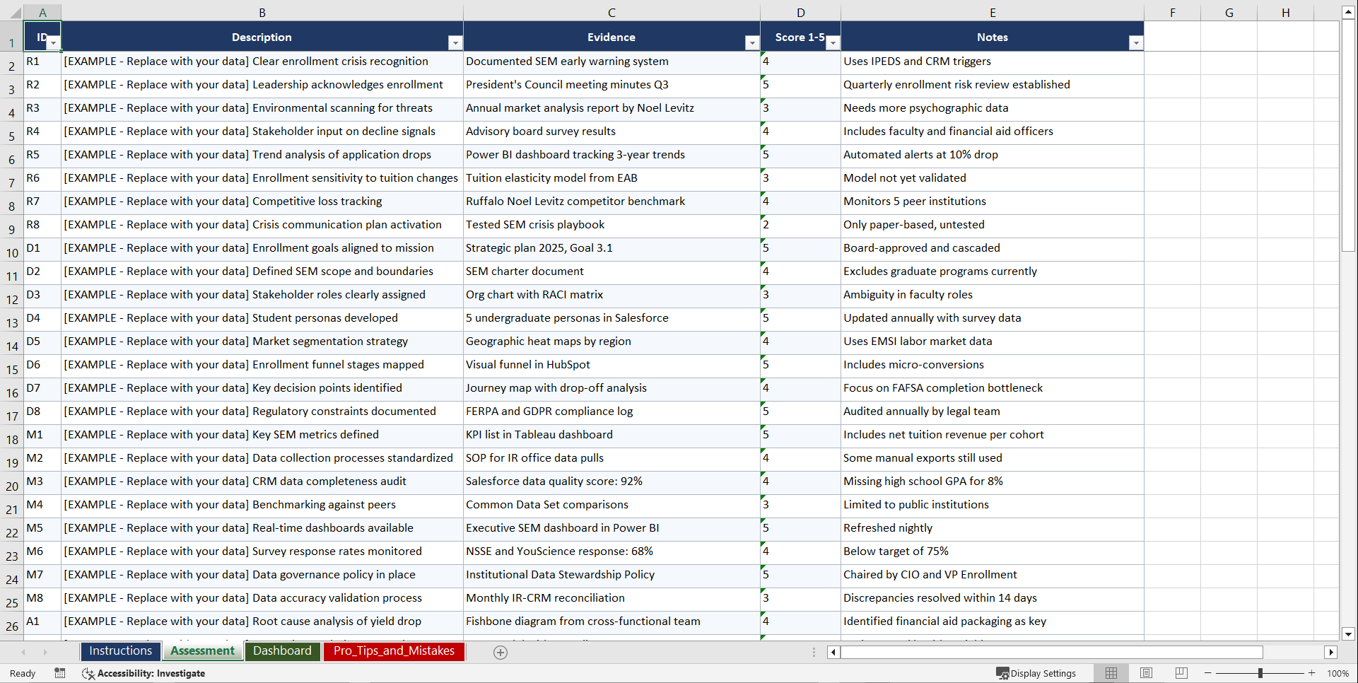 Strategic Enrollment Management (SEM) Playbook (Excel template (XLSX)) Preview Image