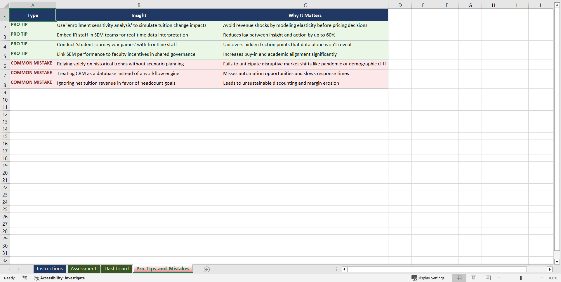 Strategic Enrollment Management (SEM) Playbook (Excel template (XLSX)) Preview Image
