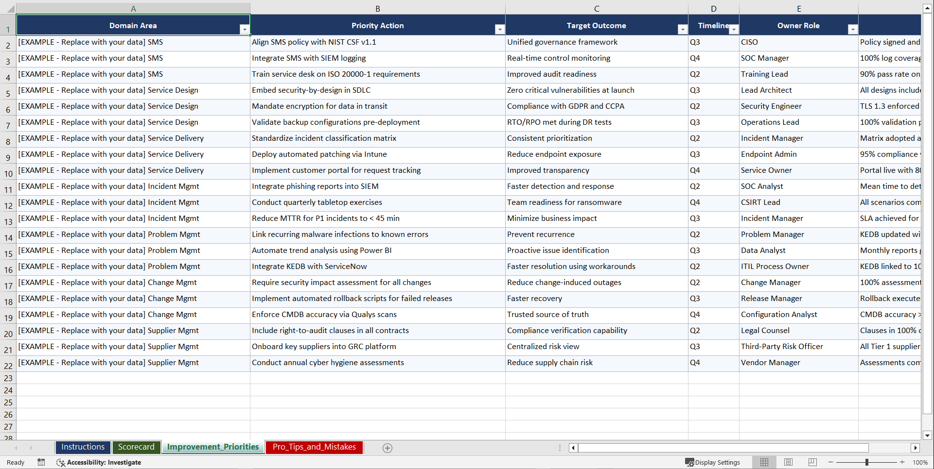 ISOIEC 200001-2018 IT Service Management for Cyber Playbook (Excel template (XLSX)) Preview Image