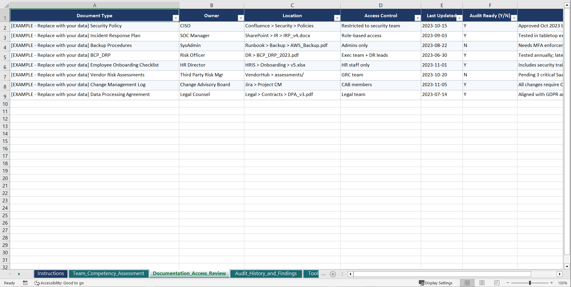 SOC 2 Type 2 Playbook (Excel template (XLSX)) Preview Image