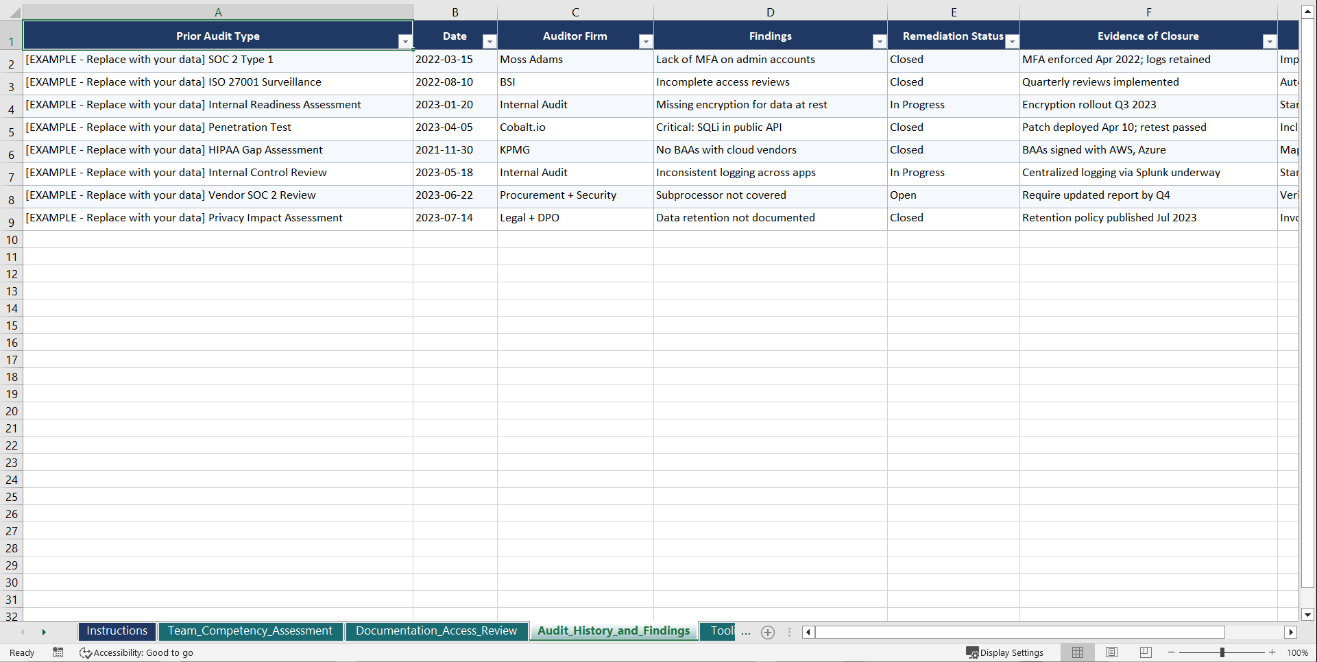 SOC 2 Type 2 Playbook (Excel template (XLSX)) Preview Image