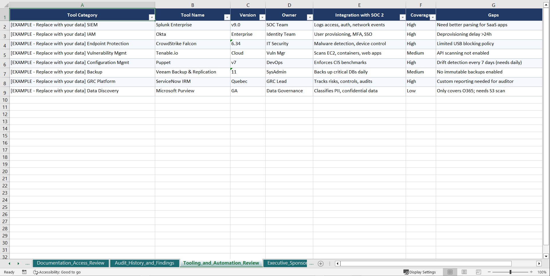 SOC 2 Type 2 Playbook (Excel template (XLSX)) Preview Image