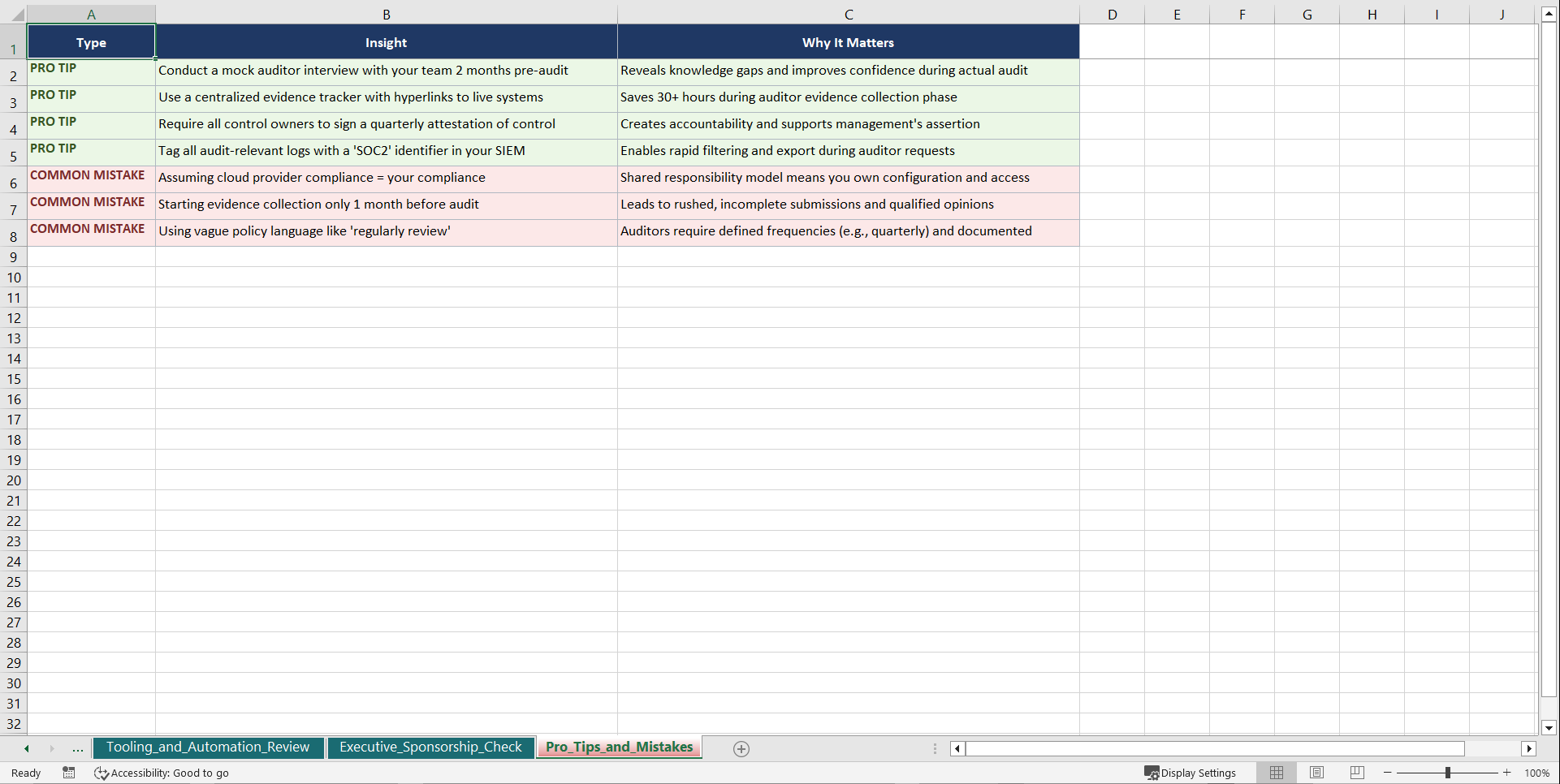 SOC 2 Type 2 Playbook (Excel template (XLSX)) Preview Image