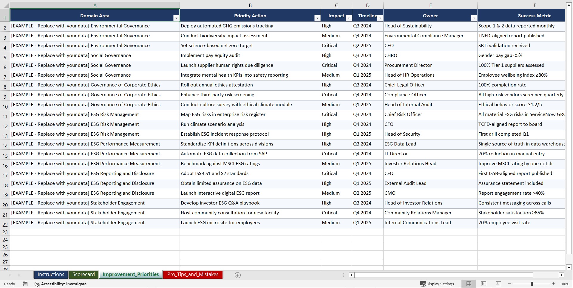 ESG Governance Framework Playbook (Excel template (XLSX)) Preview Image