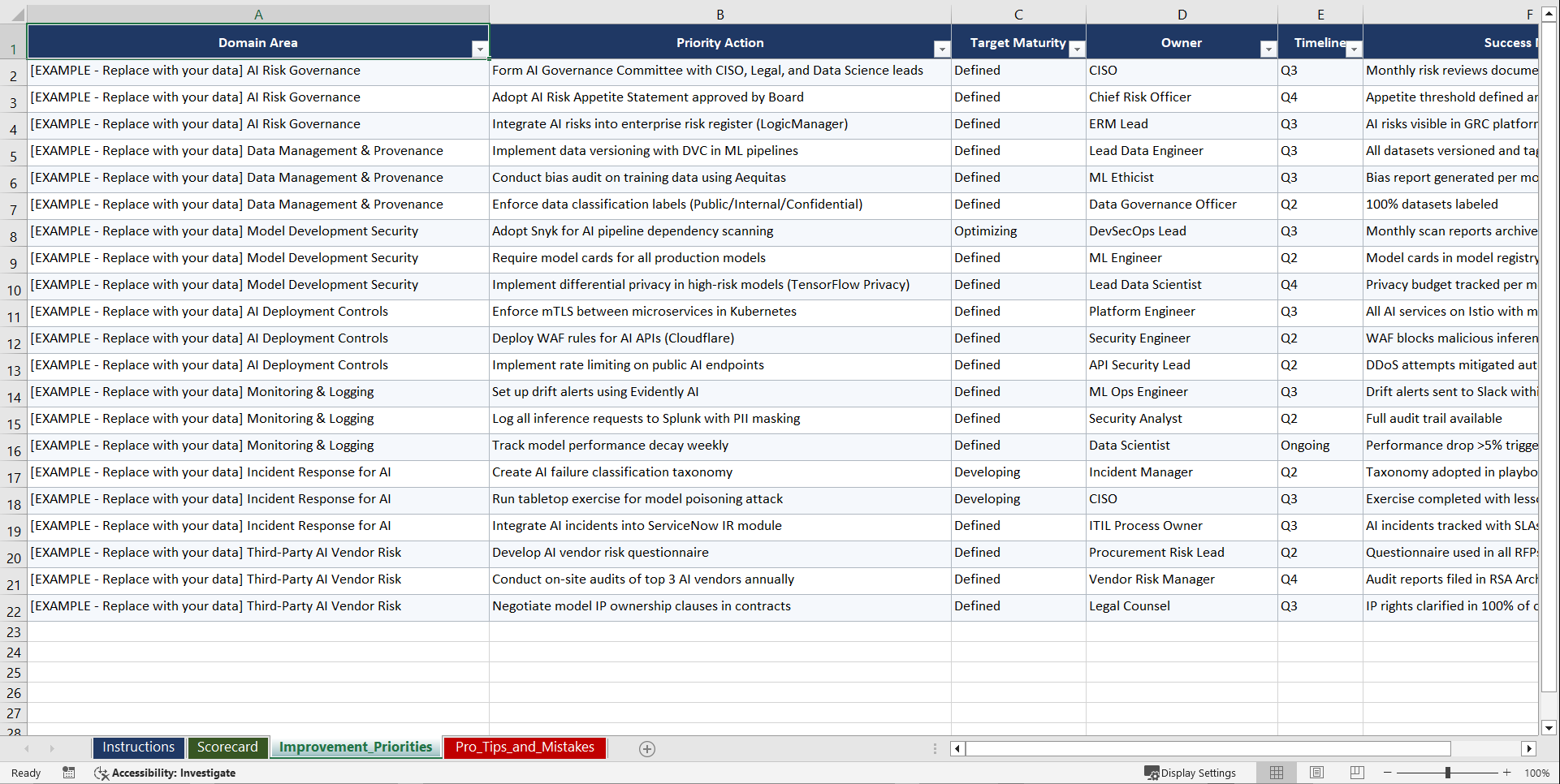 ISO 27001 NIST AI Risk Management Framework for AI Playbook (Excel template (XLSX)) Preview Image