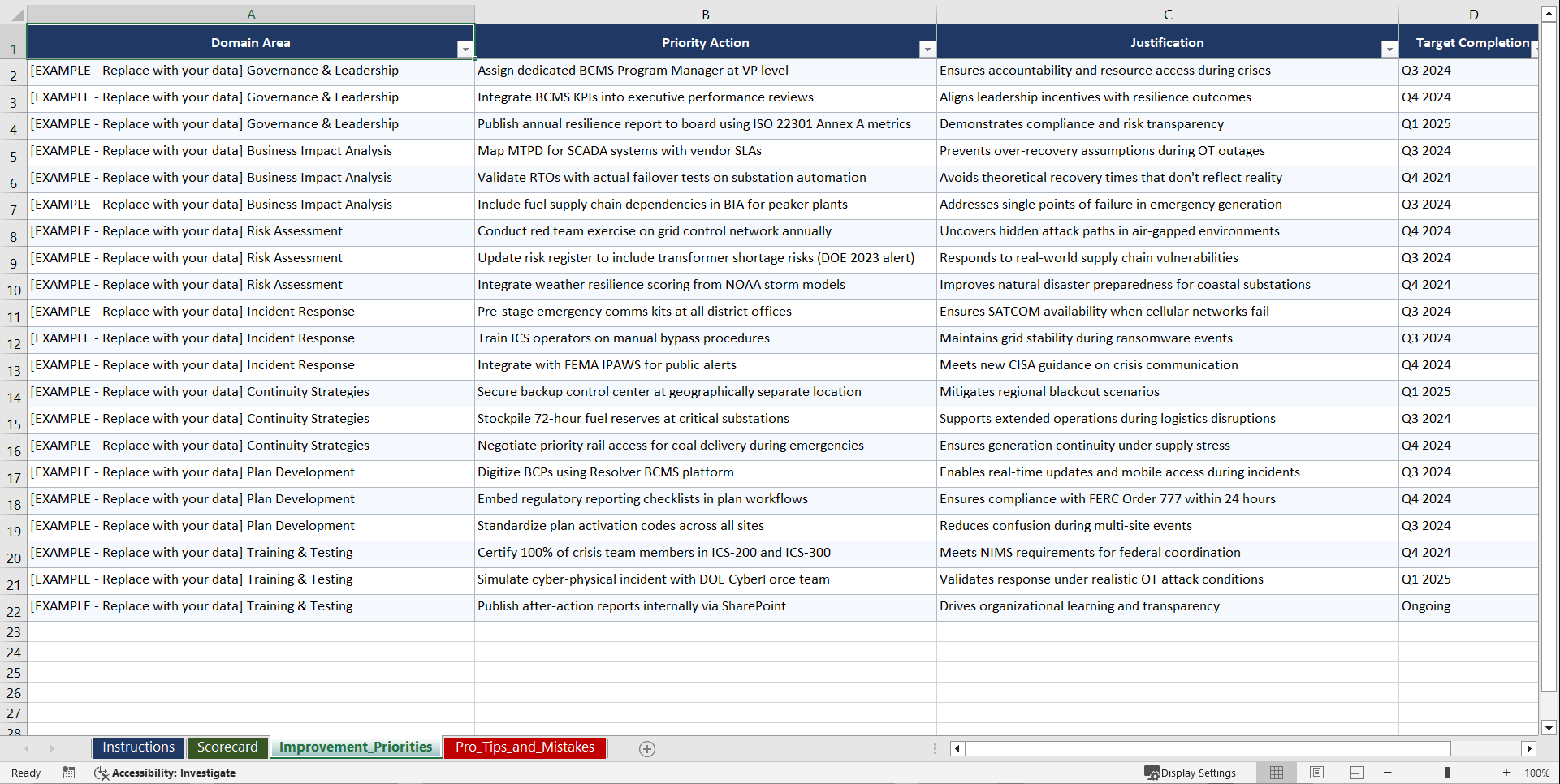 ISO 22301 for Critical Infrastructure Operators in Playbook (Excel template (XLSX)) Preview Image