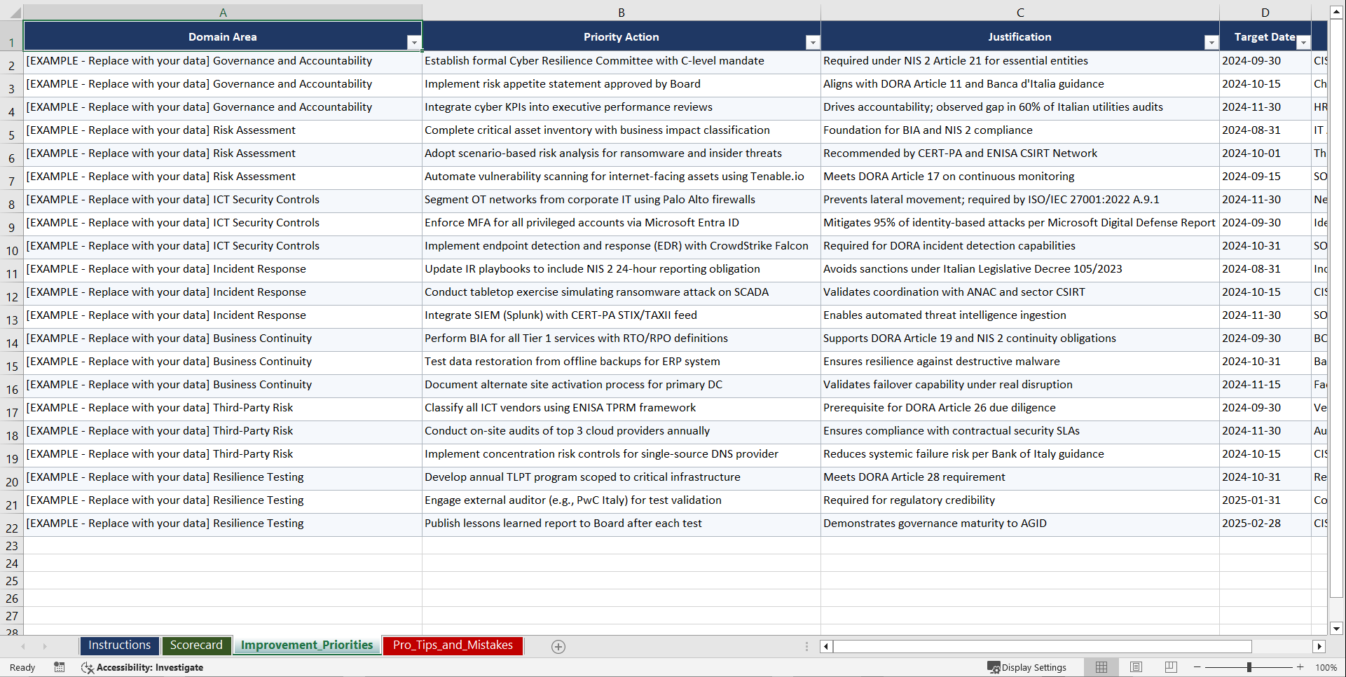 NIS 2 & DORA Cyber Resilience for Italian Critical Playbook (Excel template (XLSX)) Preview Image