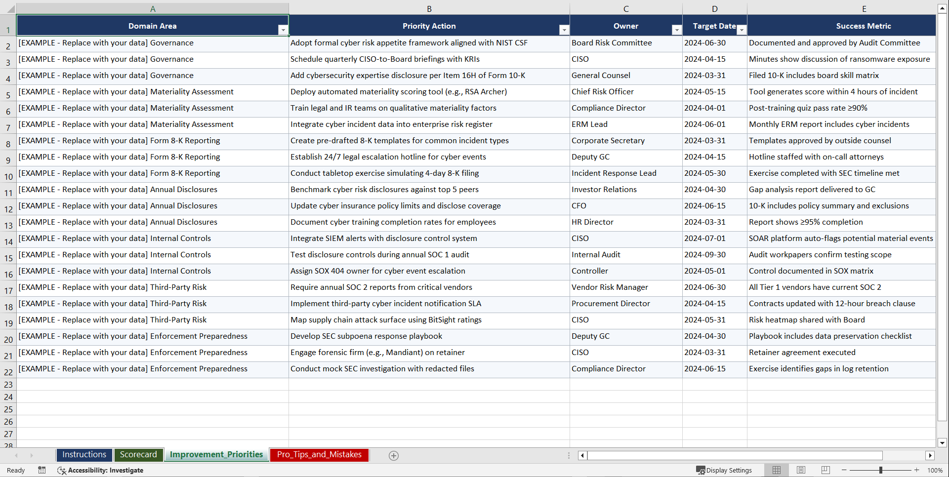 SEC Cybersecurity Disclosure Rules Playbook (Excel template (XLSX)) Preview Image