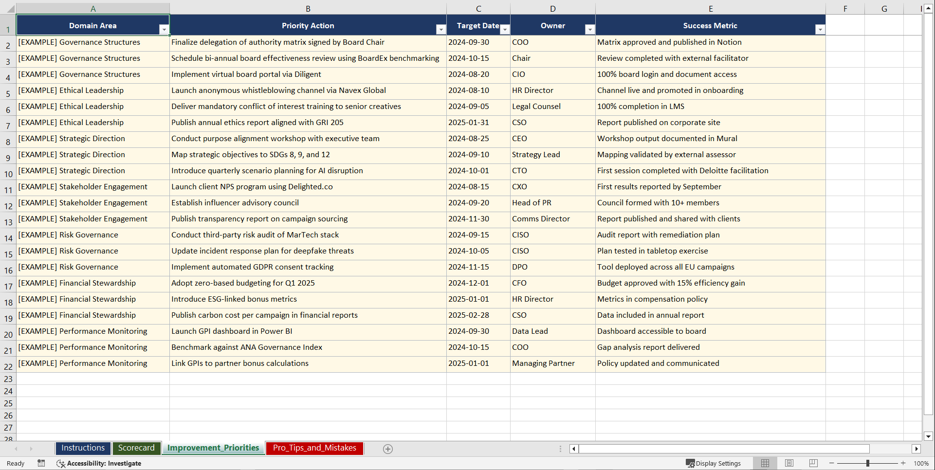 ISO 37000 Governance of Orgs for Media Marketing Playbook (Excel template (XLSX)) Preview Image