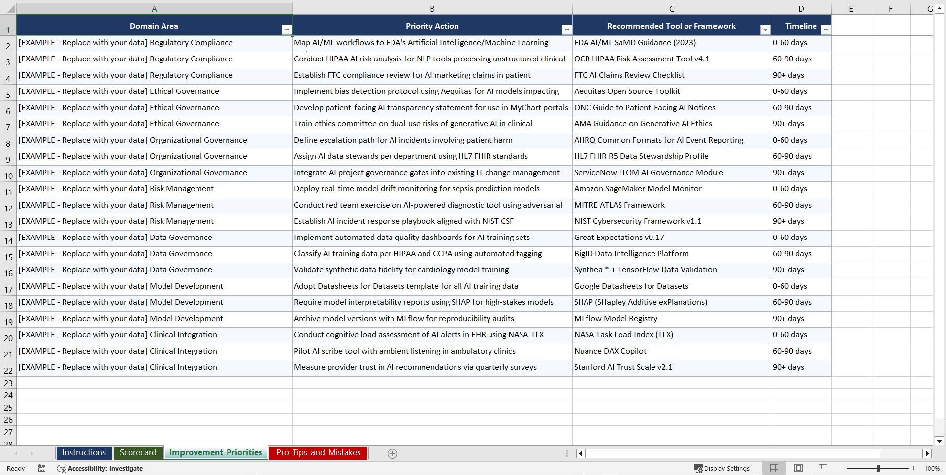AI-GOVHEALTH AI Governance for US Digital Health Playbook (Excel template (XLSX)) Preview Image