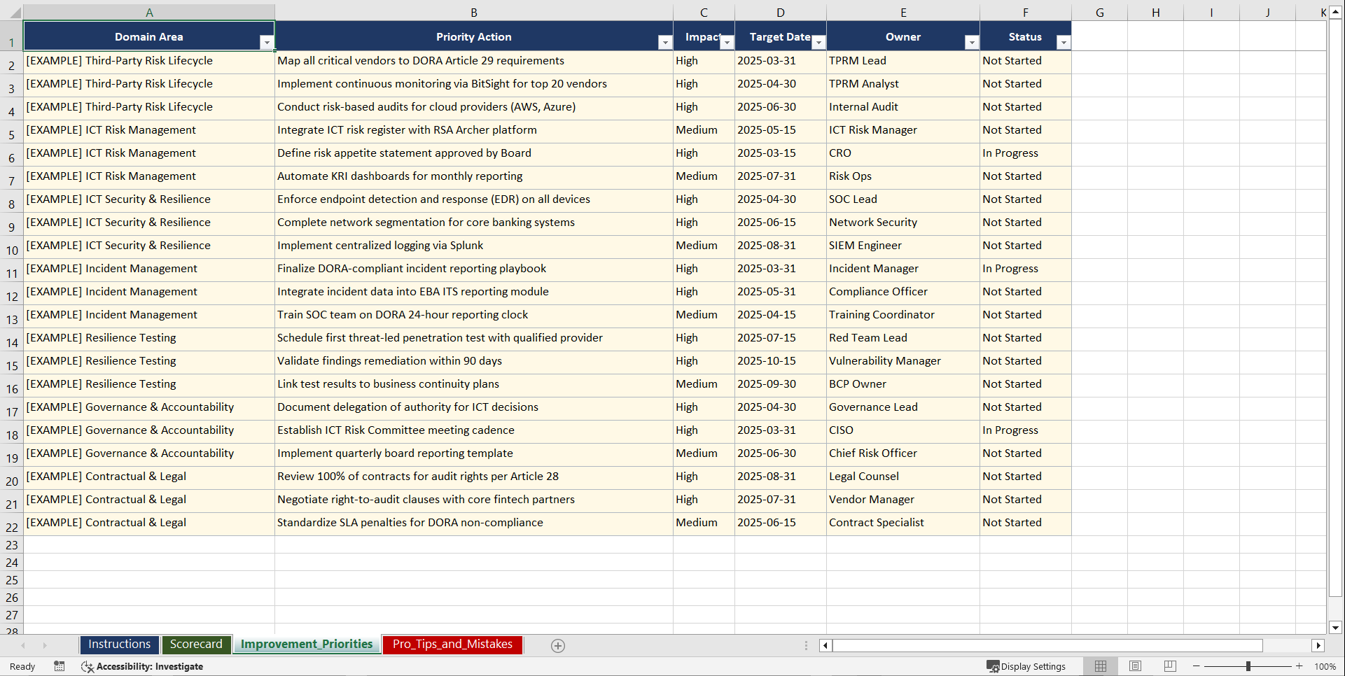 DORA for Financial Institutions Third-Party & ICT Playbook (Excel template (XLSX)) Preview Image