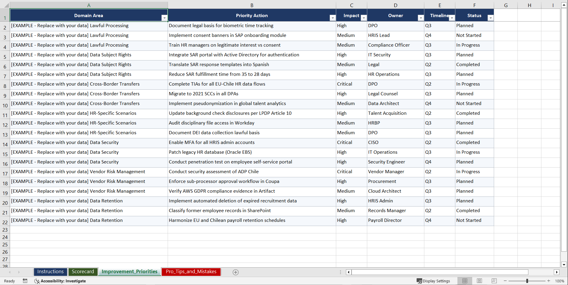 GDPR & Chilean LPDP for Multinational Employers in Playbook (Excel template (XLSX)) Preview Image