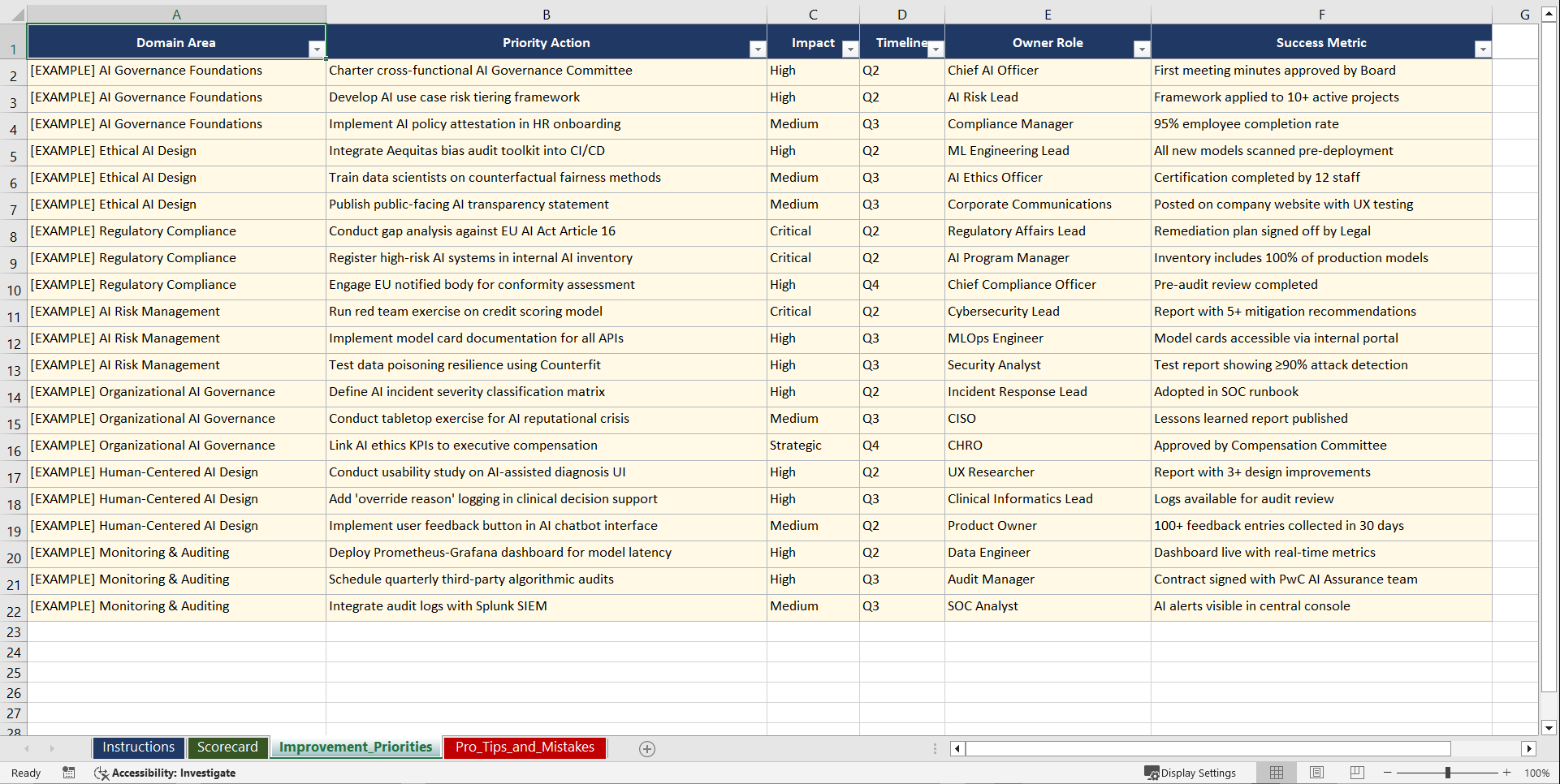 AI Governance & Human-AI Collaboration Framework Playbook (Excel template (XLSX)) Preview Image
