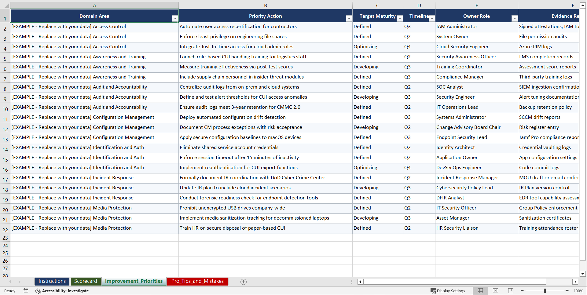 NIST SP 800171 & CMMC 20 for DoD Defense Playbook (Excel template (XLSX)) Preview Image