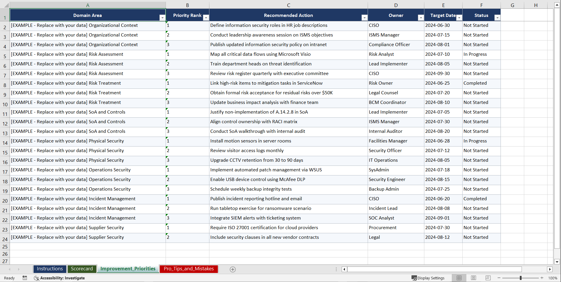 ISO IEC 27001 Lead Implementer Playbook (Excel template (XLSX)) Preview Image
