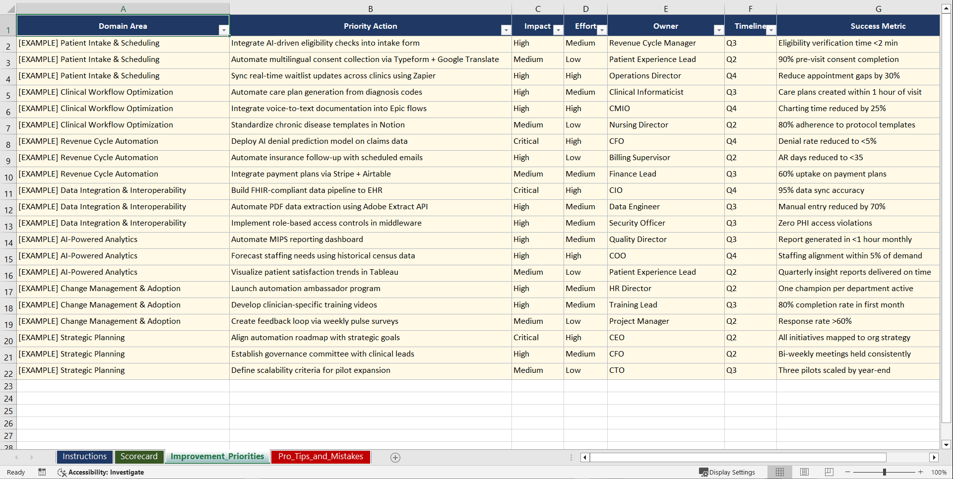 AI No-Code Automation for Healthcare Executives Playbook (Excel template (XLSX)) Preview Image