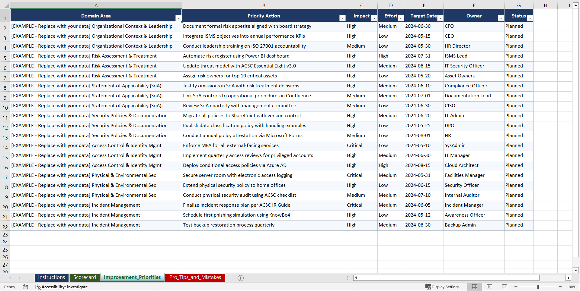 ISO 270012022 Implementation for Australian SMBs Playbook (Excel template (XLSX)) Preview Image