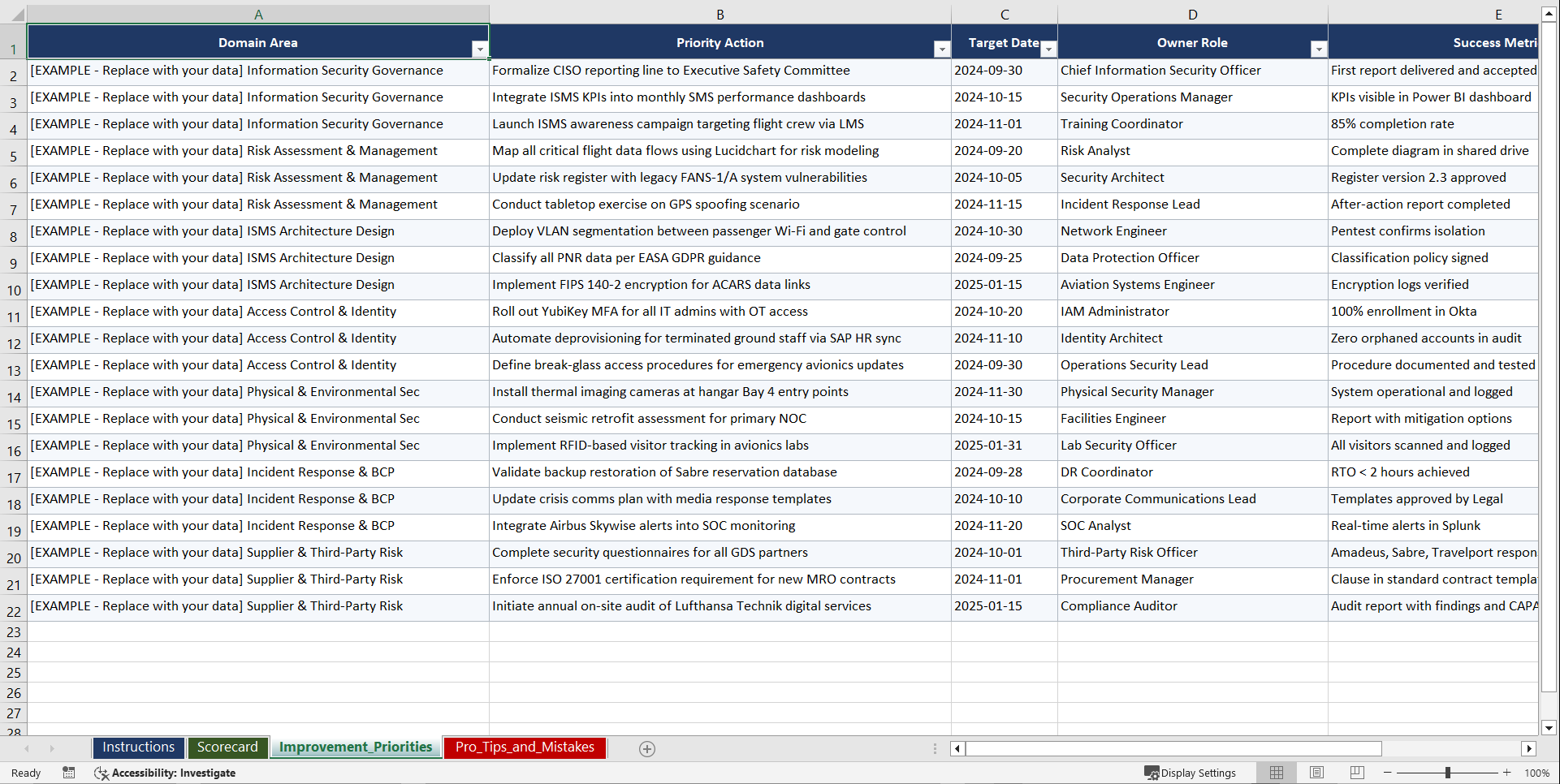 ISOIEC 27001 for Mission Critical Aviation Operators Playbook (Excel template (XLSX)) Preview Image