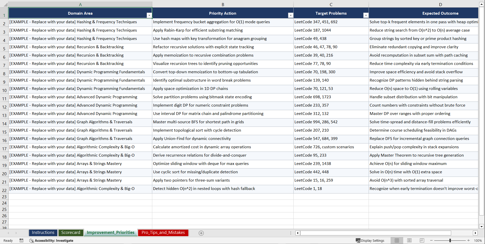 LeetCode Mastery Algorithmic Interview Readiness Playbook (Excel template (XLSX)) Preview Image