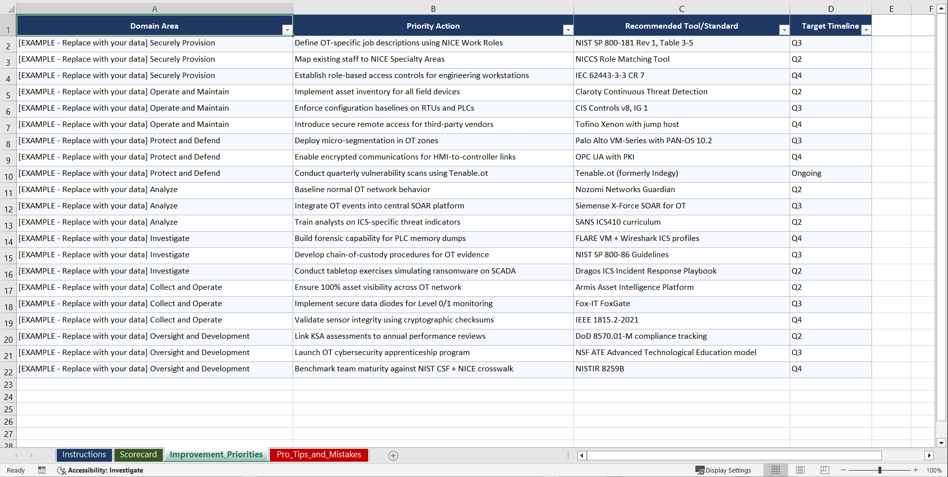 NIST SP 800181 Rev 1 NICE Framework for OTICS Playbook (Excel template (XLSX)) Preview Image