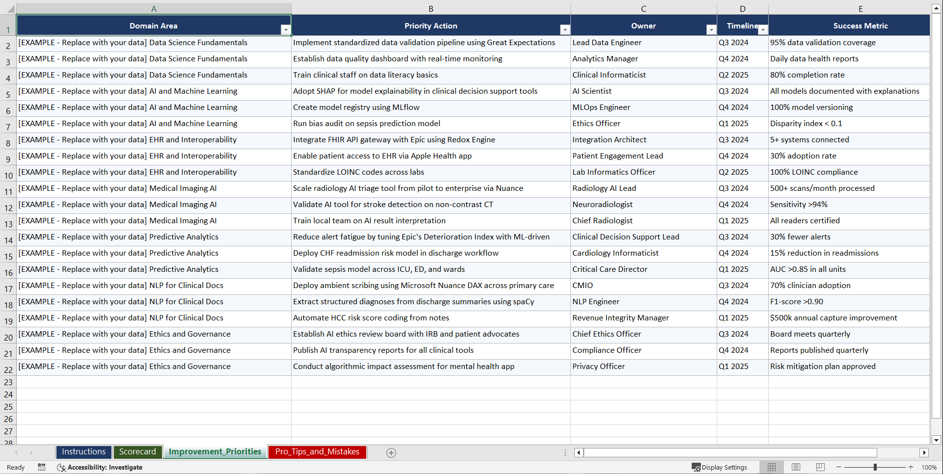 AI-Driven Digital Transformation in Healthcare Playbook (Excel template (XLSX)) Preview Image