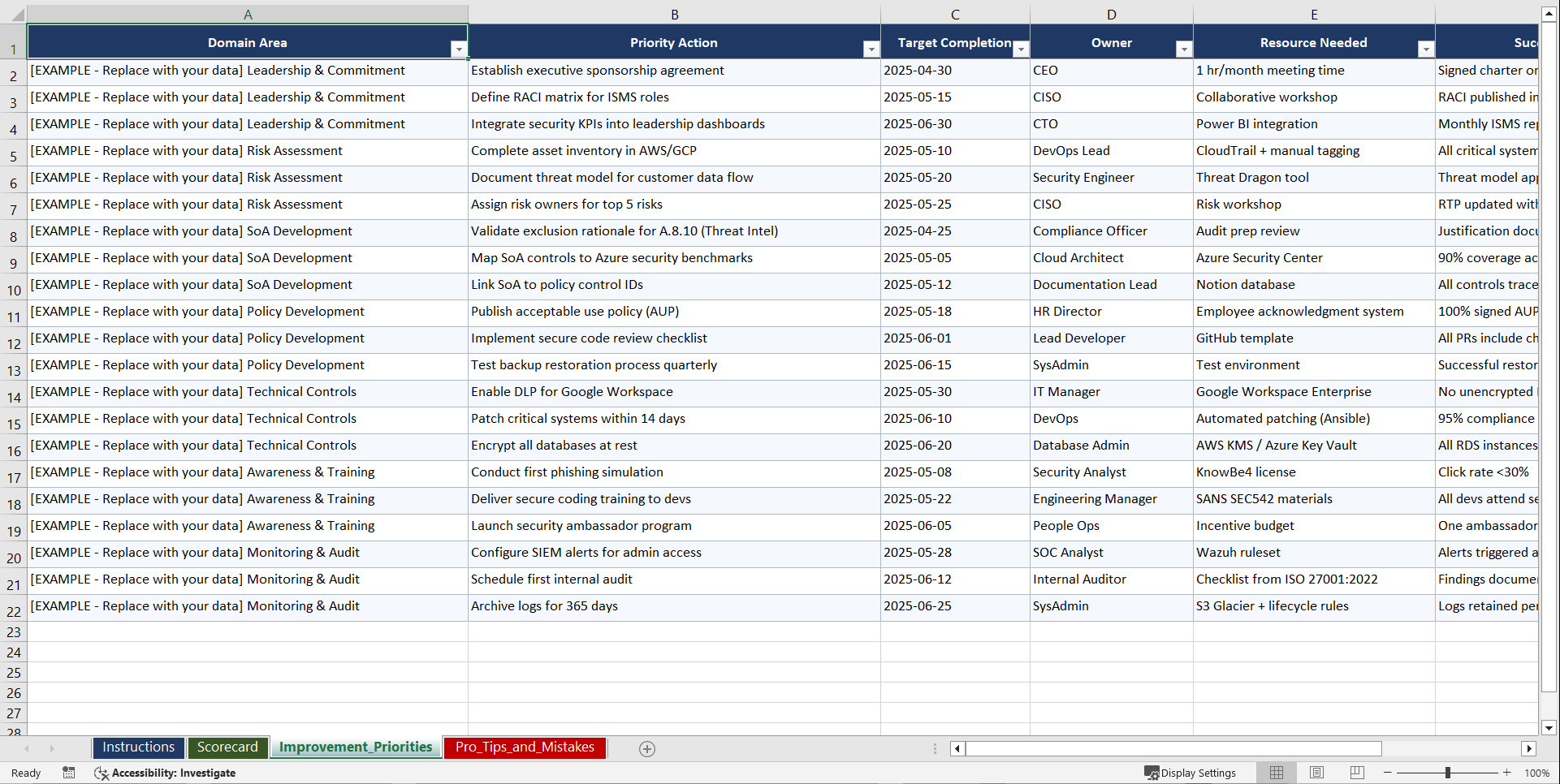 ISO 27001 for Startups and Small Businesses Playbook (Excel template (XLSX)) Preview Image