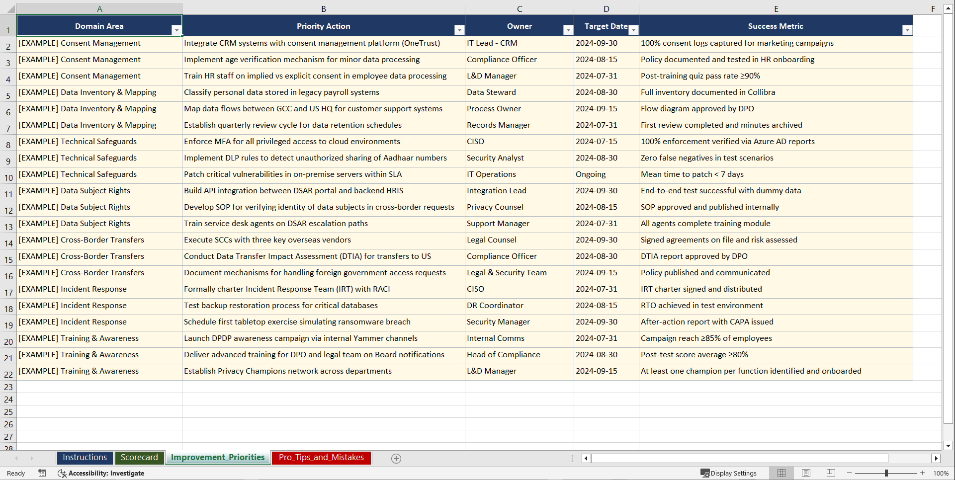 DPDP Act 2023 for Indian Global Capability Centers Playbook (Excel template (XLSX)) Preview Image