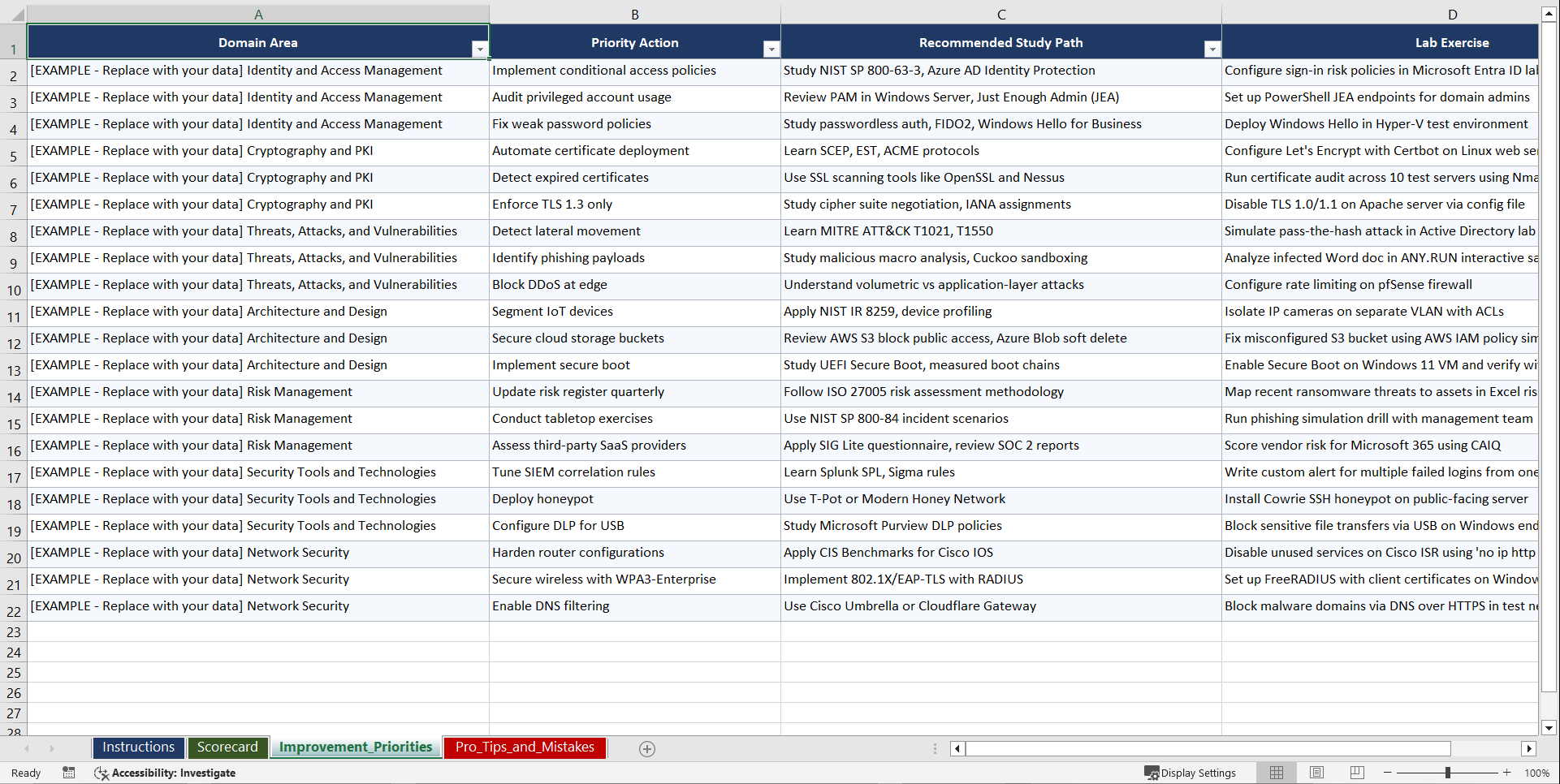 CompTIA Security Plus Certification Prep Playbook (Excel template (XLSX)) Preview Image