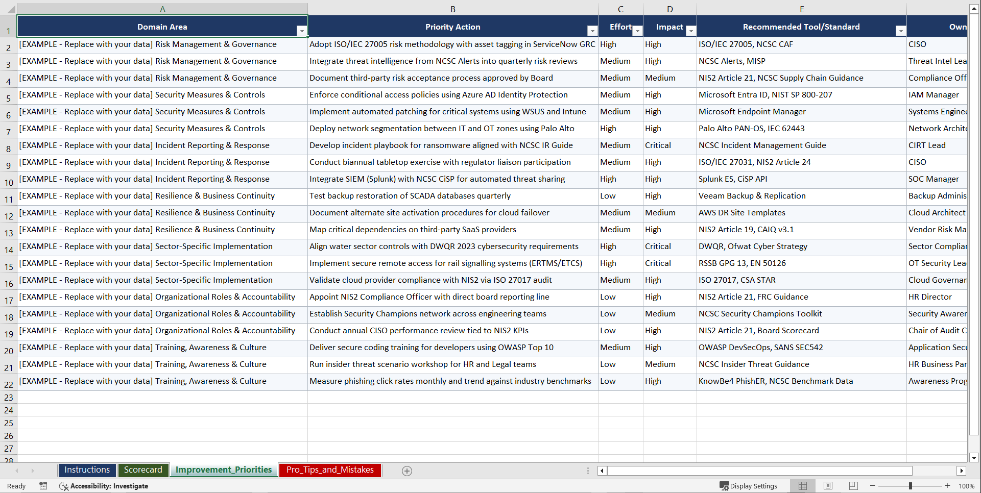 NIS2 Directive for UK Critical National Playbook (Excel template (XLSX)) Preview Image