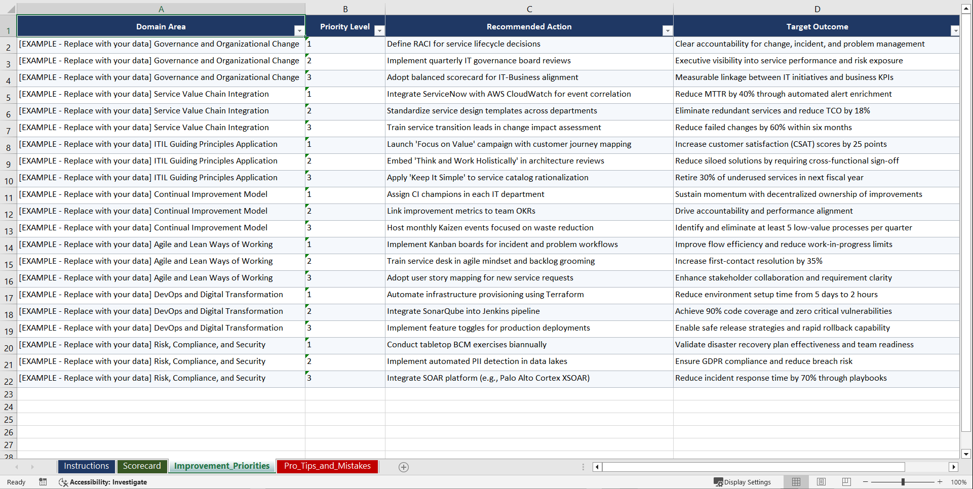 ITIL 4 Managing Professional Prep Playbook (Excel template (XLSX)) Preview Image
