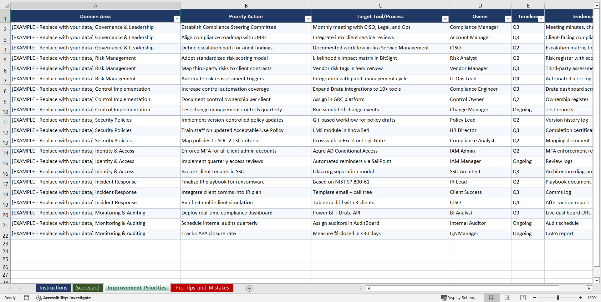 ISO 27001 SOC 2 Compliance for Cyber Managed Playbook (Excel template (XLSX)) Preview Image