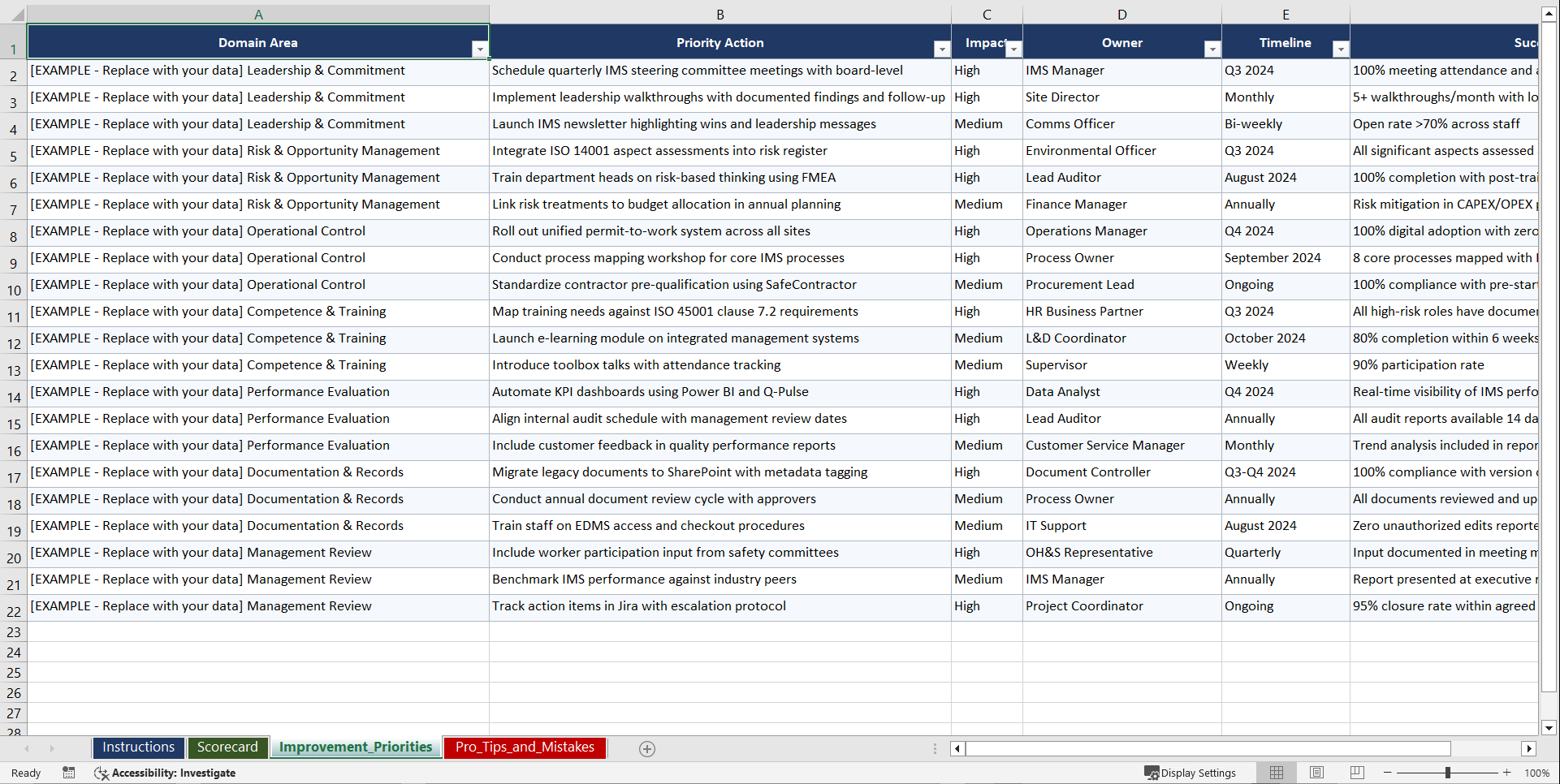ISO 9001/14001/45001 Integrated Management Systems for UK Playbook (Excel template (XLSX)) Preview Image