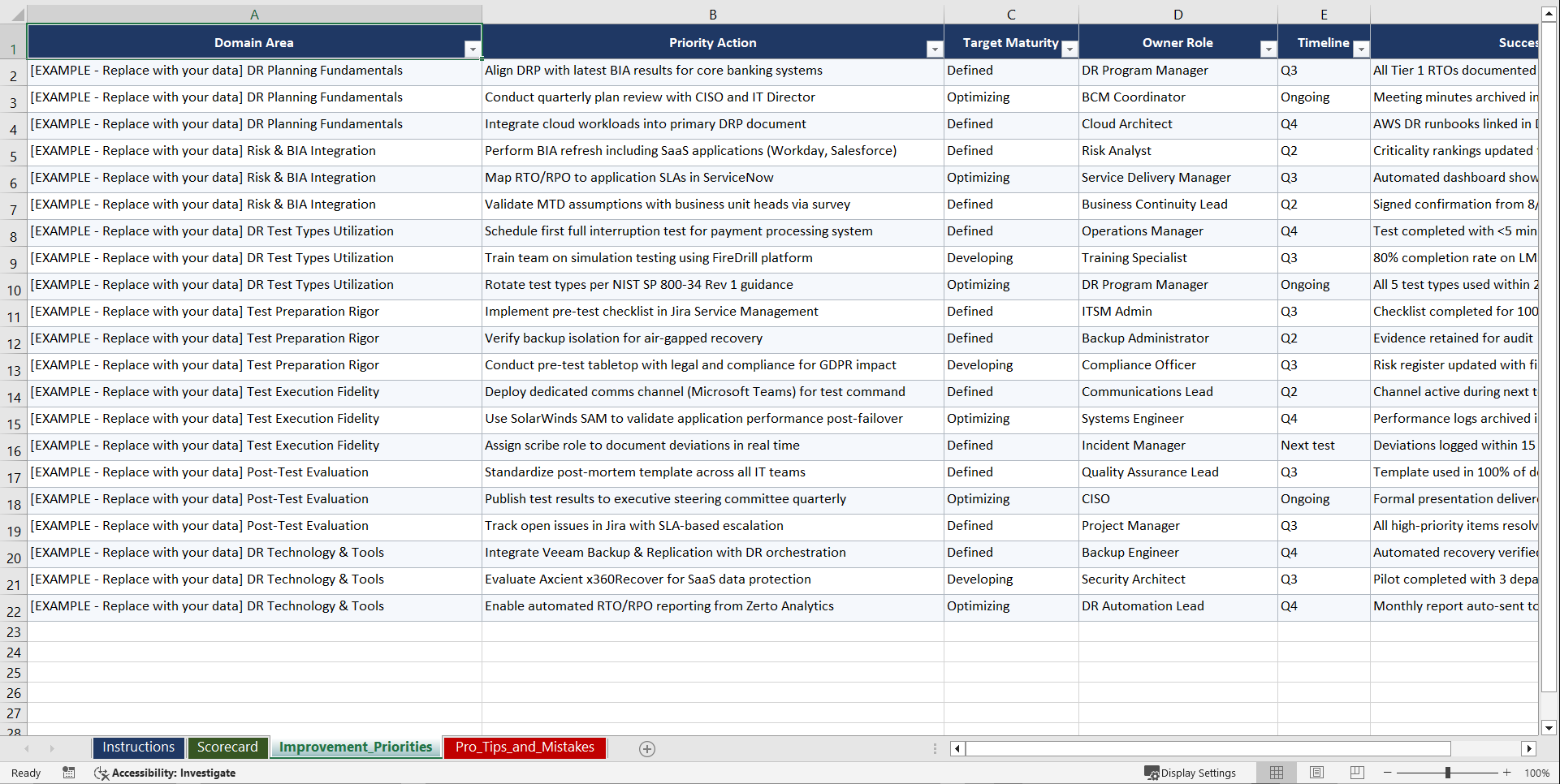 IT Disaster Recovery Testing Playbook (Excel template (XLSX)) Preview Image